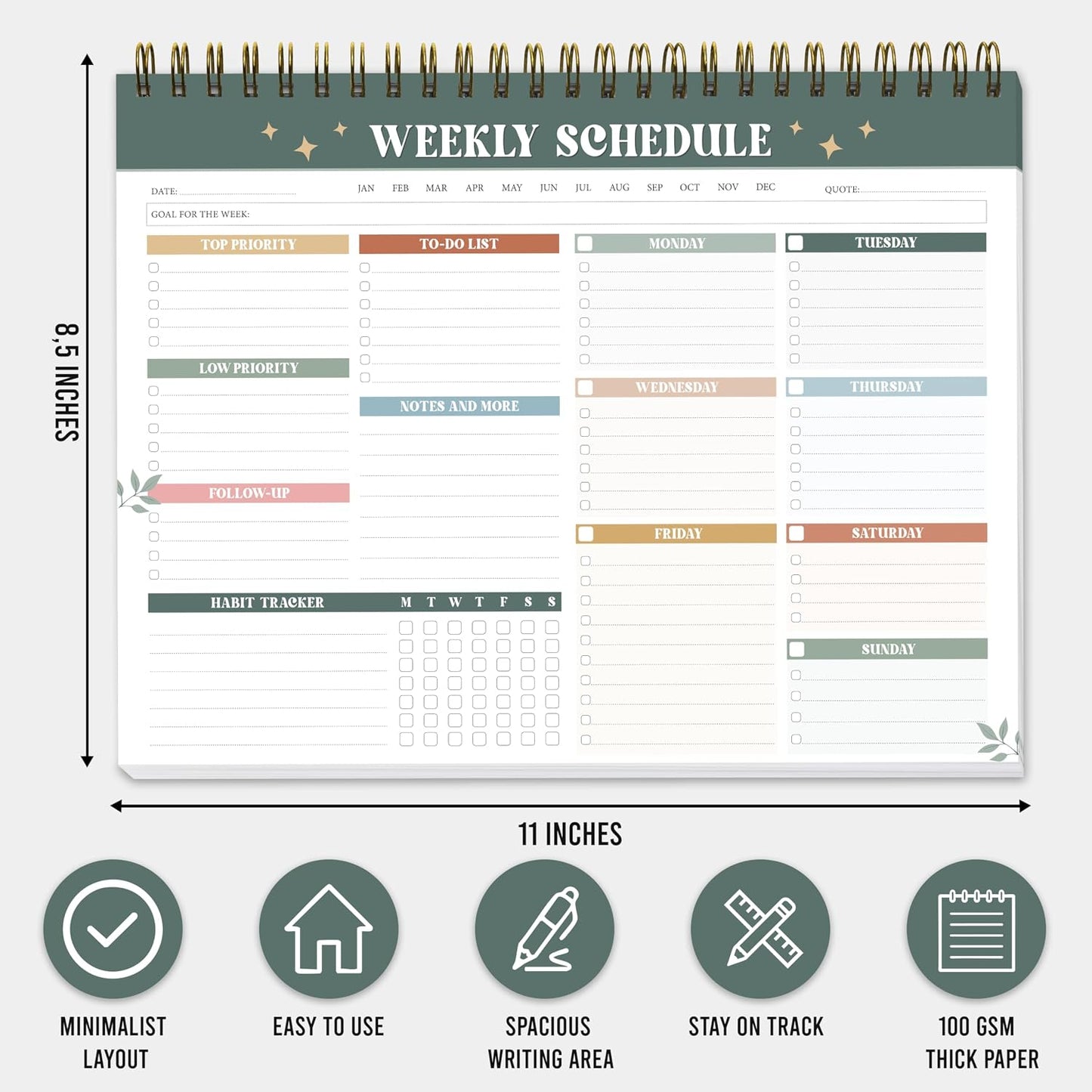Rainbow Boho Weekly Planner Undated - 52 Sheets Weekly To Do List Notepad, Large 8.5x11" Tear-off Desk Weekly Planner Pad For Work, School, Home Office Organization & Productivity