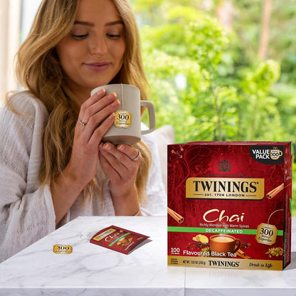Twinings Decaffeinated Chai Individually Wrapped Bags, 100 Count (Pack of 1), Sweet, Savoury Spices, Enjoy Hot or Iced, 100 Teabags
