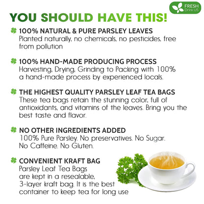 FreshDrinkUS, Premium 35 Parsley Leaf Tea Bags, 100% Natural & Pure from Parsley Leaves. Loose Leaf Parsley Herbal Tea. Made with Natural Material Tea Bags. No Sugar, No Caffeine, No Gluten, Vegan.