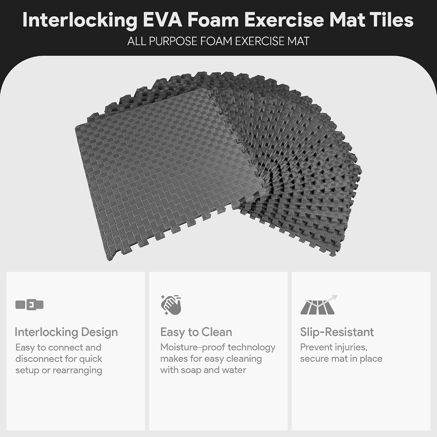 BalanceFrom Puzzle Exercise Mat 1/2" Thick, EVA Interlocking Foam Floor | Tiles for Home Gym, Mat for Home Workout Equipment, Floor Padding for Kids, Black, 24 in x 24 in x 1/2 in, 144 Sq Ft-36 Tiles