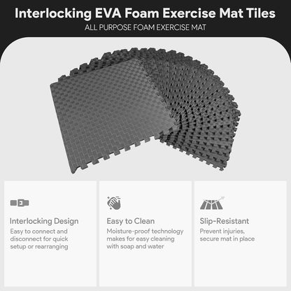 BalanceFrom Puzzle Exercise Mat 1/2" Thick, EVA Interlocking Foam Floor | Tiles for Home Gym, Mat for Home Workout Equipment, Floor Padding for Kids, Black, 24 in x 24 in x 1/2 in, 144 Sq Ft-36 Tiles
