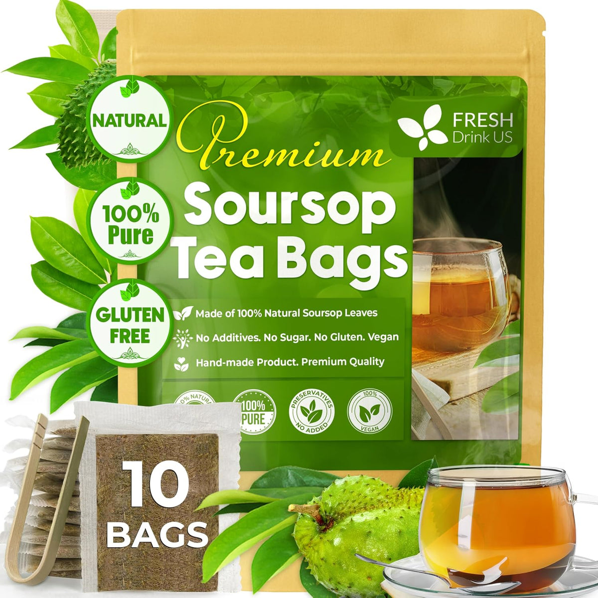 FreshDrinkUS, Premium Soursop Leaf Tea, 10 Count, Pure, Caffeine Free