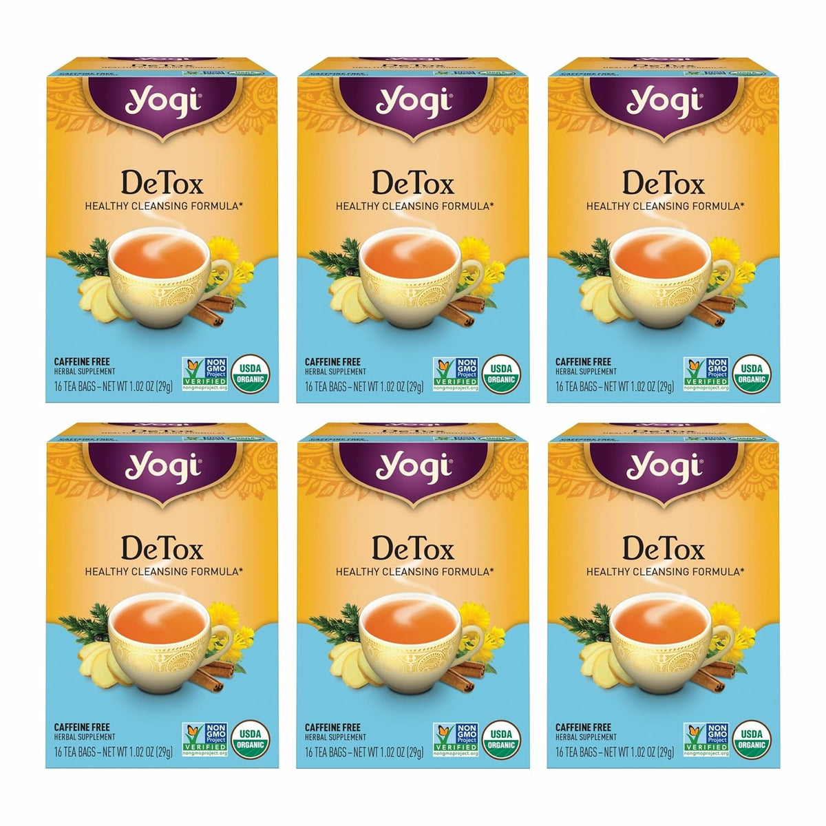 Yogi Tea DeTox Tea - 16 Tea Bags per Pack (6 Packs) - Organic Detox Tea for Digestive & Circulation Support - Includes Burdock, Dandelion, Ginger Root, Black Pepper, Cardamom & Juniper Berry