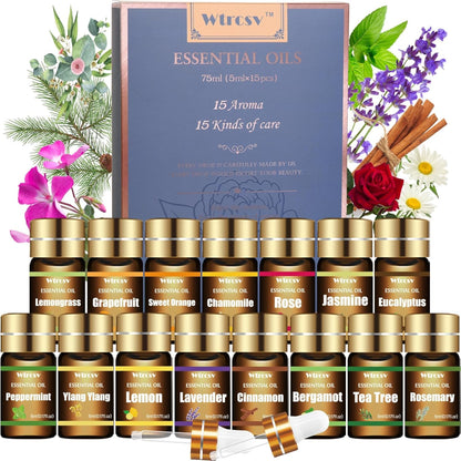 Essential Oils Set - Top 15 Scents for Diffuser, Humidifier, Skin Care, Aromatherapy, Massage, Candle & Soap Making - Fragrance Gift Set (5ml)