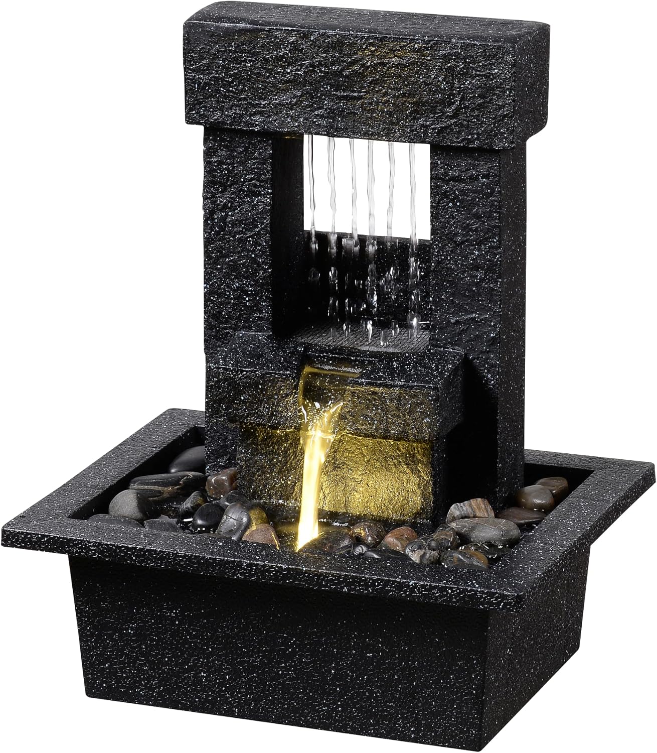 Indoor Tabletop Water Fountain with LED Light – Modern Black Desk Waterfall Feature with Soothing Sounds and River Rocks, Relaxation Zen Decor for Home Office Bedroom