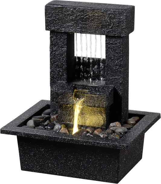 Indoor Tabletop Water Fountain with LED Light – Modern Black Desk Waterfall Feature with Soothing Sounds and River Rocks, Relaxation Zen Decor for Home Office Bedroom