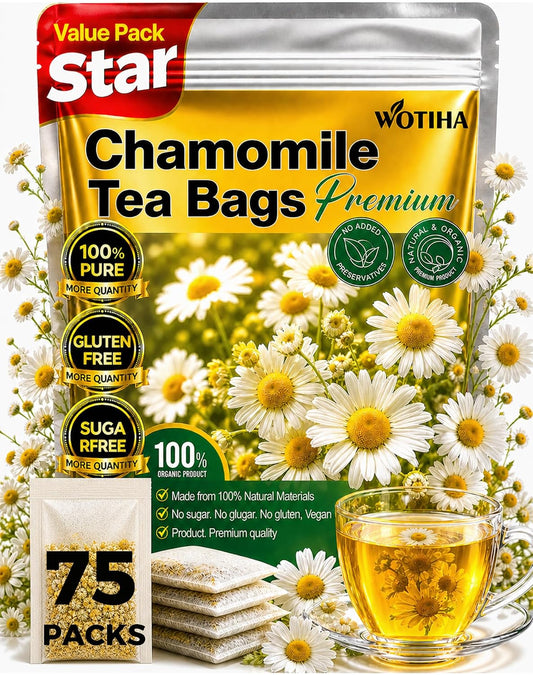 WOTIHA 75 Count Premium Chamomile Tea Bags - Pure Natural Chamomile Flowers, Supports Sleep & Relaxation, Eases Digestion, Caffeine-Free, Additive-Free, Sugar-Free, Vegan, Non-GMO.