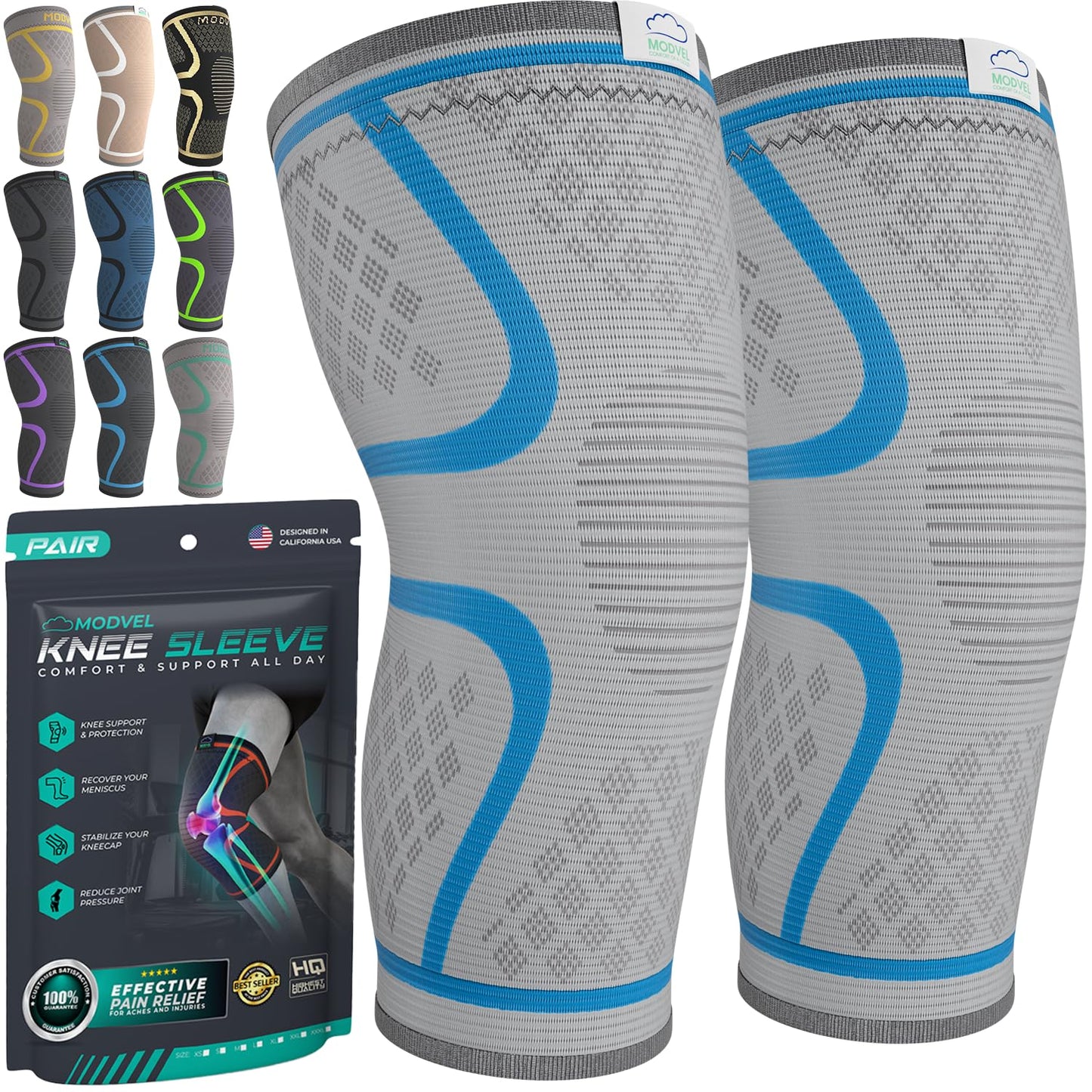 Modvel Compression Knee Brace for Women & Men, 2-Pack Knee Brace for Running Knee Pain, Knee Support Compression Sleeve, Workout Sports Knee Braces for Meniscus Tear, ACL & Arthritis Pain Relief