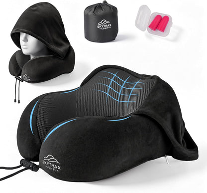SkytraxComf® Travel Neck Pillow with Hood for Privacy on Long Flights | Memory Foam | Airplane Sleep | Safety-Tested Materials | Extra Large Hood | Chin Support | Earplugs | Washable Cover