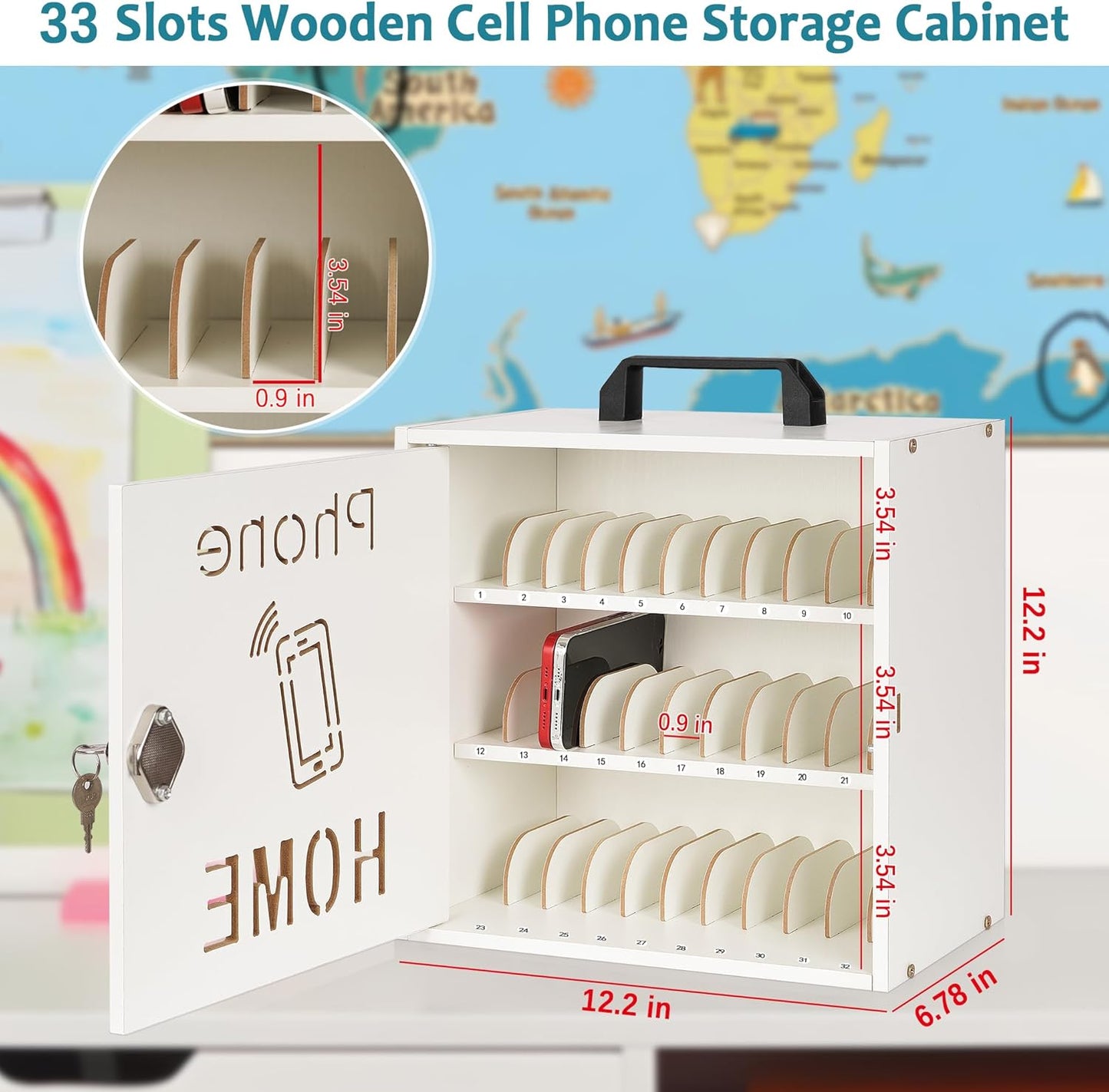Wooden Phone Lock Box, Cell Phone Locker with 33 Adjustable Dividers | Phone Storage Cabinet with Security Lock & Handle, Desktop Phone Organizer for Classroom, Office & Repair Shops