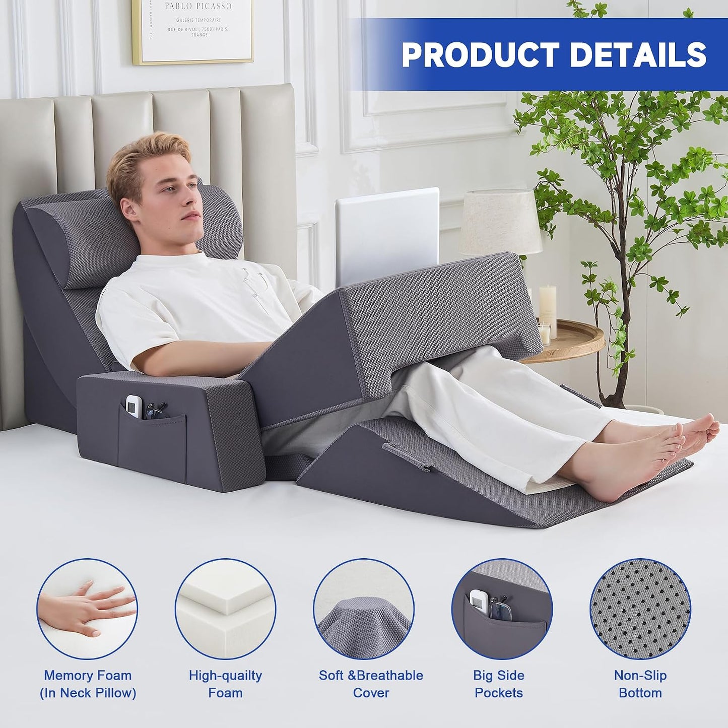 Yojoker 6pcs Orthopedic Bed Wedge Pillow Set for Sleeping, Post Surgery Foam for Body, Back and Leg Pain Relief Comfortable & Adjustable Support Pillows-Anti Snoring, Heartburn