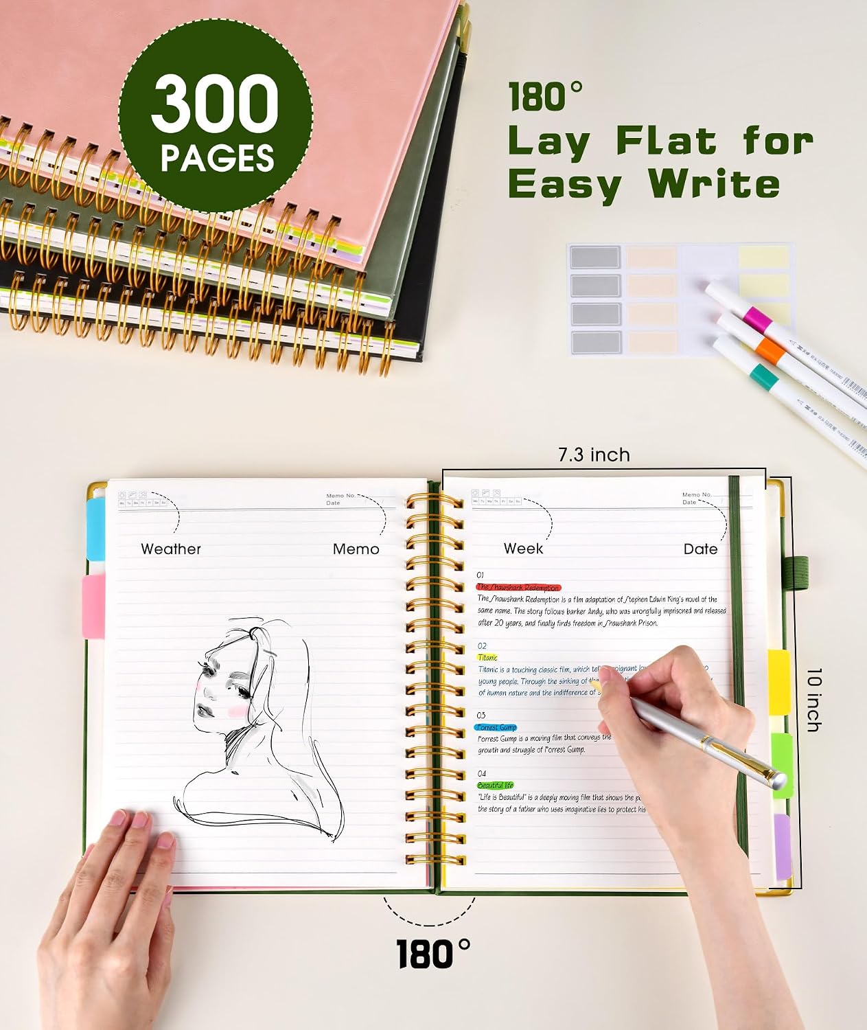Hardcover Spiral Notebook journal with Removable Dividers Tabs, 300 Pages Leather 5 Subject Notebook College Ruled, 8"x10" Large B5 Notebooks for Work School Note taking, Lined Journal for Women,Black