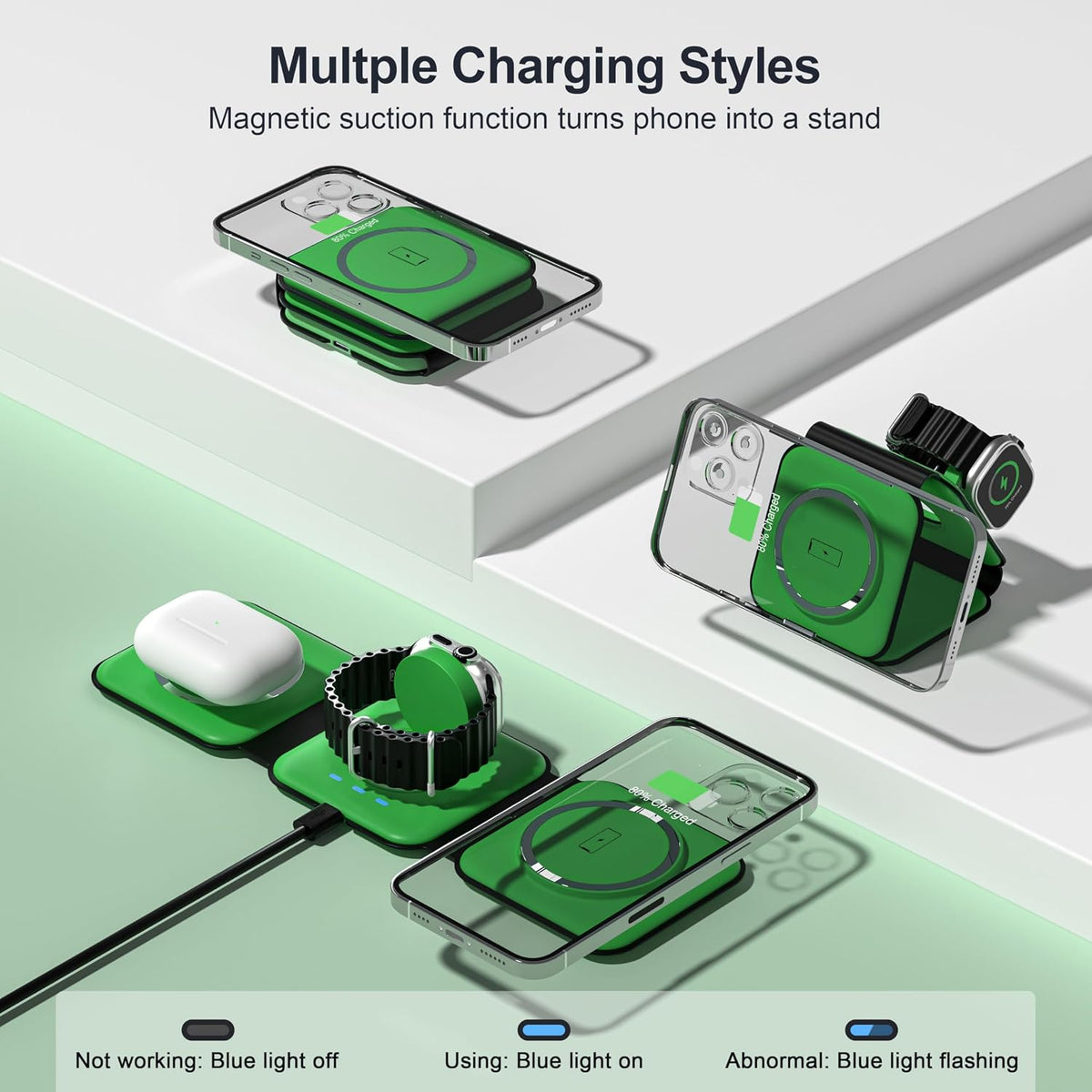 3 in 1 Charging Station for Multple Devices,Foldable 3 in 1 Wireless Charger for Travel,NANO Wireless Charging Station for iPhone17 16 15 14 13 12 Pro Max/Watch 10 9 8 7 6 5 4 3 Ultra/AirPod Pro