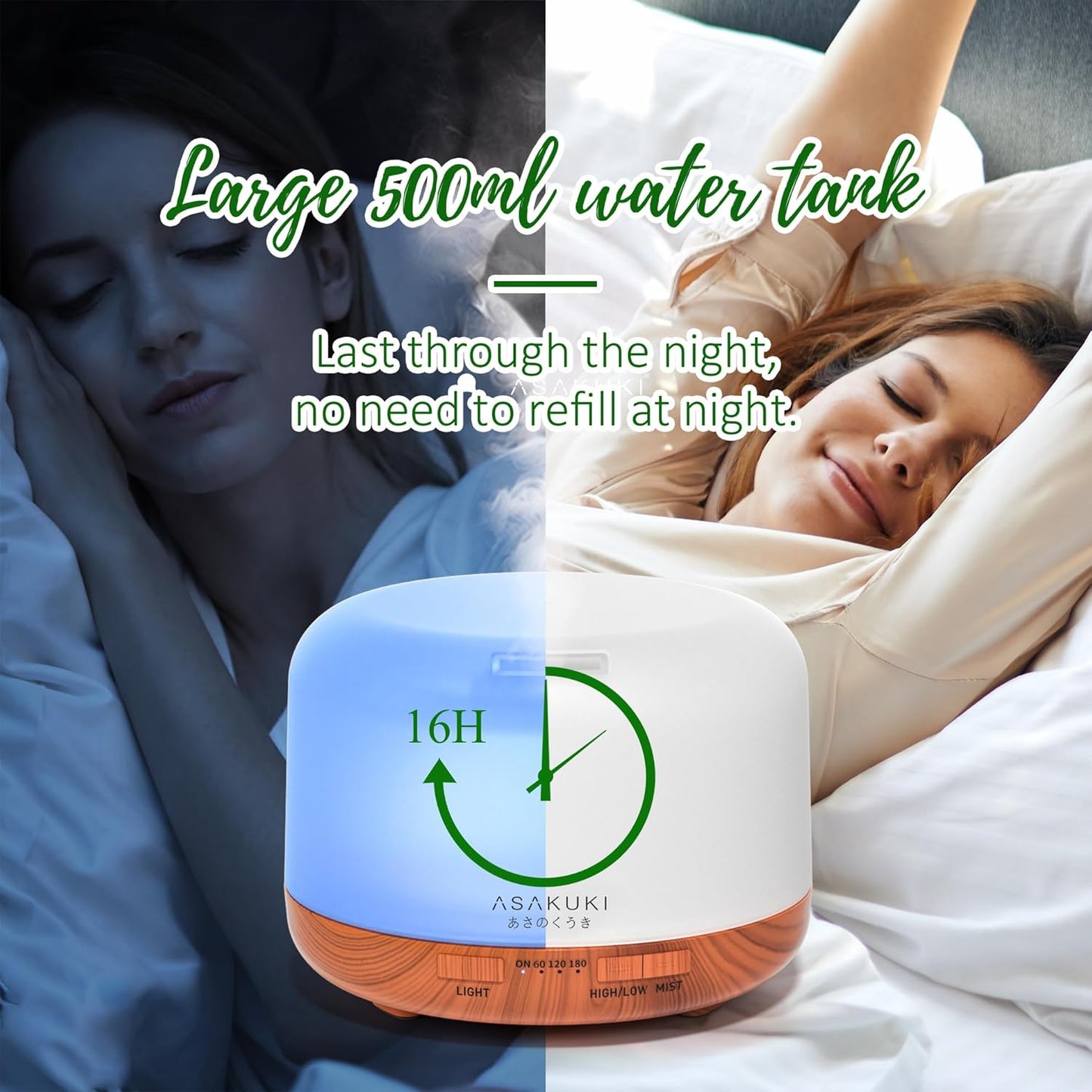 ASAKUKI Essential Oil Diffuser for Home, 500ML Aromatherapy Diffuser Humidifier with Remote Control, 7 Color LED Lights, Quiet Cool Mist Diffuser for Bedroom, Living Room, Office (White)