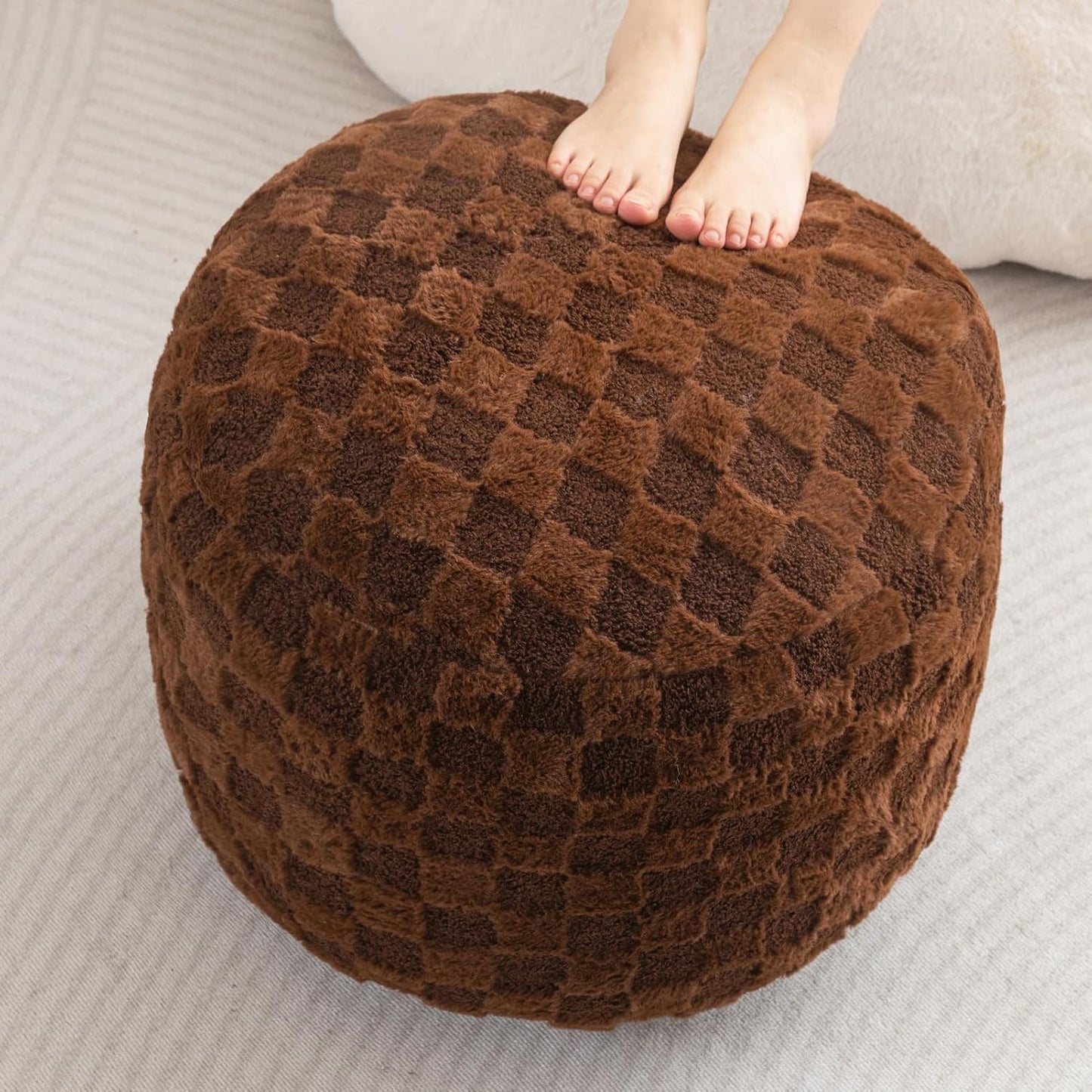 HIGOGOGO Round Stuffed Pouf Ottoman, Corduroy Poufs with Foam Chunk Filling, Furry and Fluffy Pouf Foot Stool Storage Ottoman, 20 X 15 Floor Poufs Foot Rest for Living Room, Dark Grey