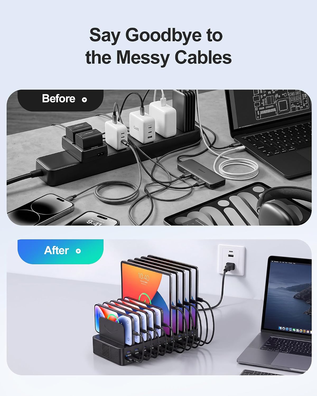 20-Port 270W Charging Station for Multiple Devices with 10 Charging Cables