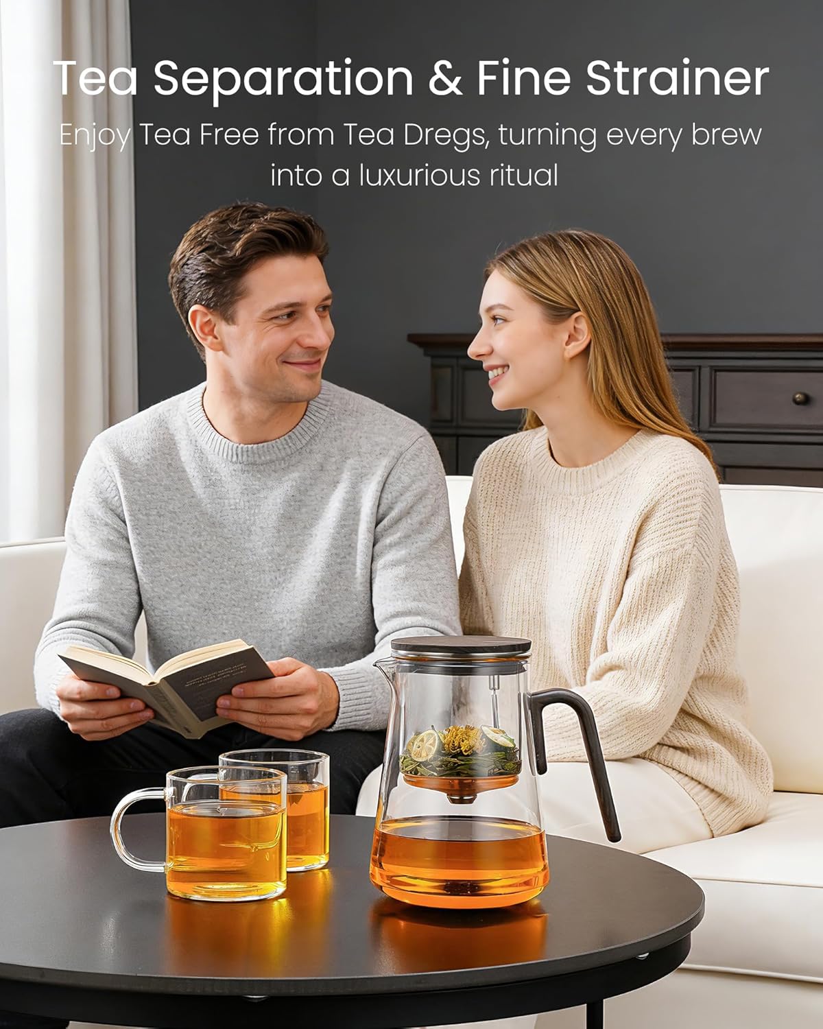 ZENS Magnetic Tea Pot, Enchanted Glass Teapot with Infuser and Magnetic Suction Lid for Mess-Free Loose Tea Diffusers, Walnut Wood Handle, Tea Lovers Gifts