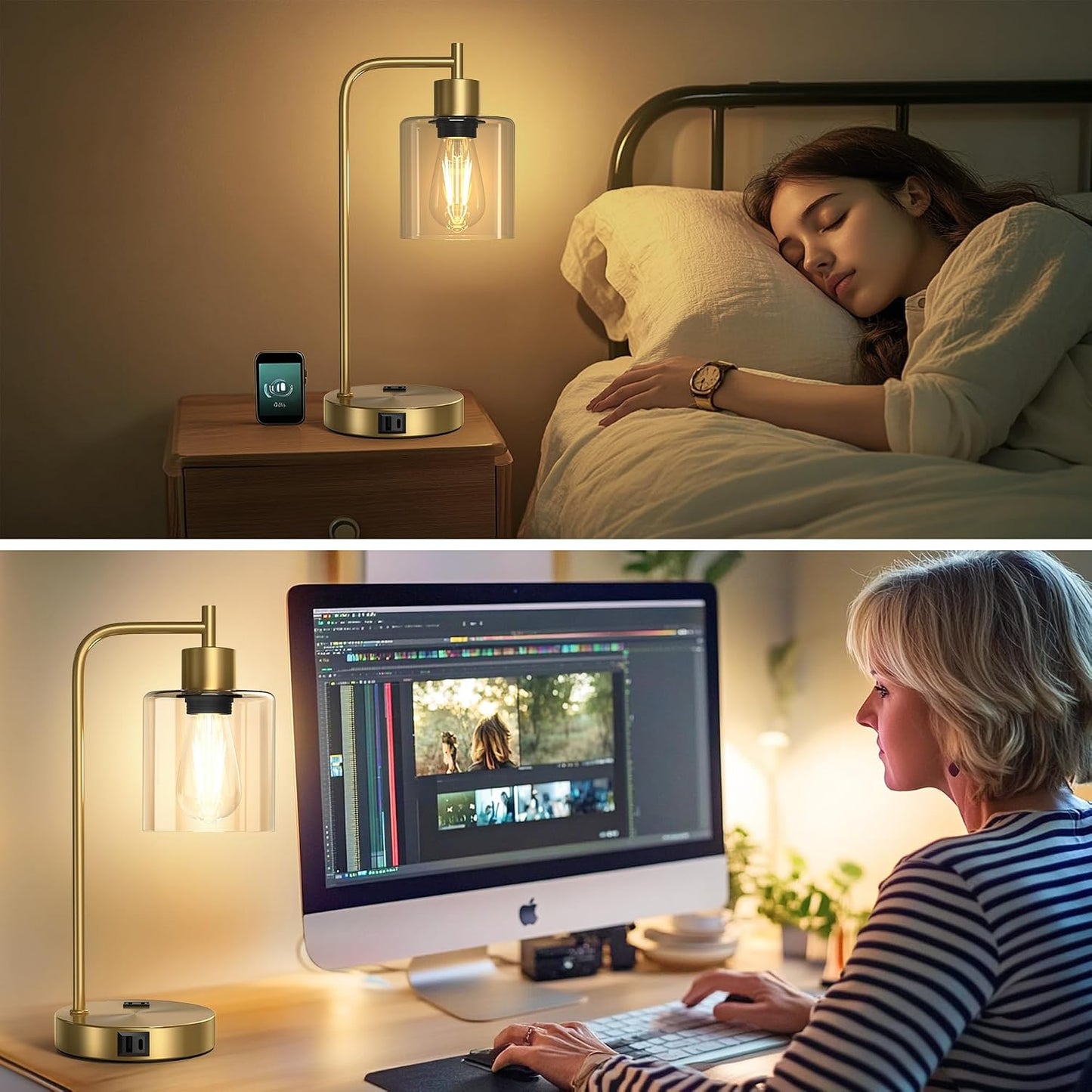 QiMH Industrial Table Lamp for Bedroom Set of 2, Green Glass Beside Lamp with USB A&C Ports, Stepless Dimmable Gold Lamps, Nightstand Lamps for Living Room, Office, Home Decor(Bulb Included)