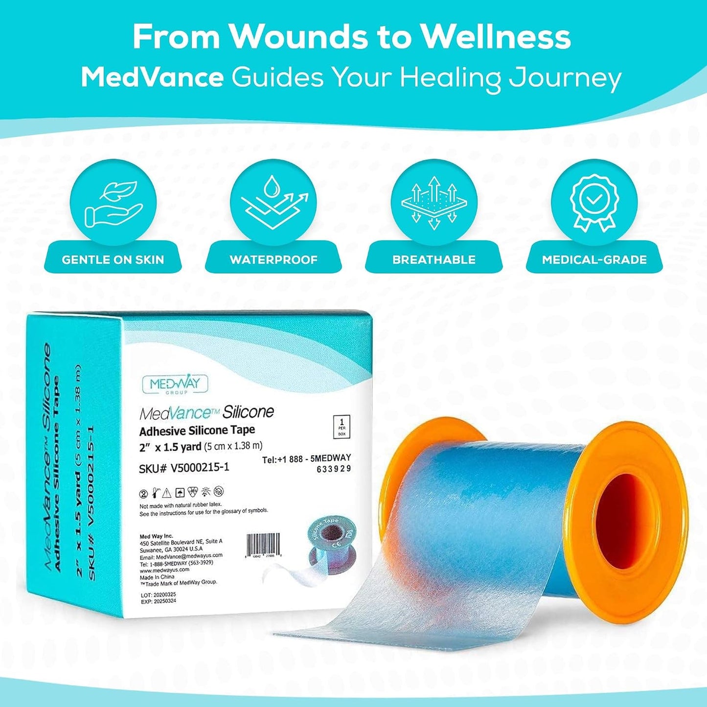 MedVance Silicone Tape Medical, Perforated Surgical Tape Sensitive Skin, Waterproof Tape for Skin, Medical Tape for Wound Care, Eyelash Tape, Gentle Skin Tape, 1" Width (1 Pack, 180 Inches)