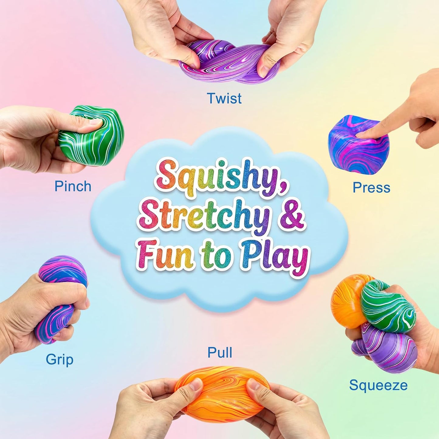 4 Pack Stress Balls Squishy Toys, 2 Inch Durable Slow Rising Stress Relief Sensory Squeeze Toys for Adults and Kids, Birthday Gifts, Party Favors, Classroom Prizes