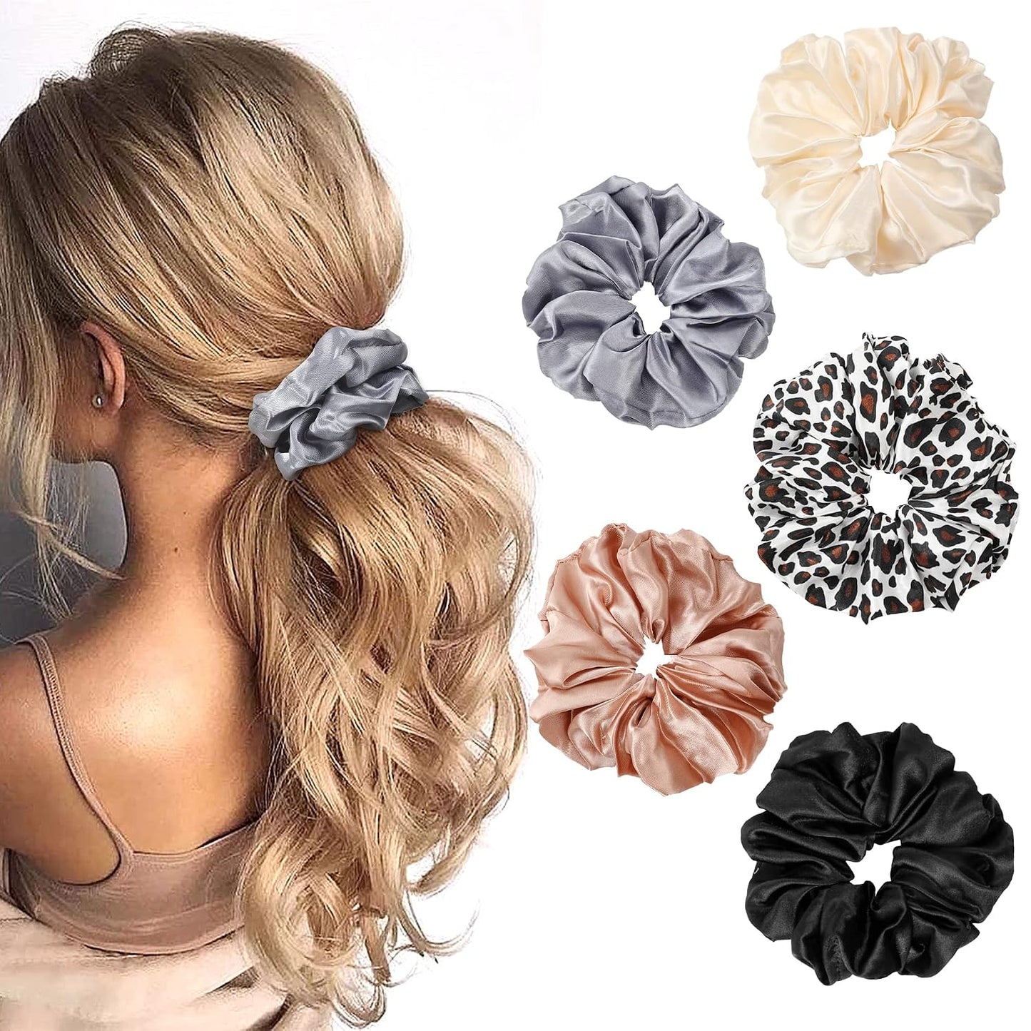 16 Pcs Scrunchies for Women - Black Satin Silk Scrunchies for Girls Hair Ties Elastics Bands Ponytail Holder Hair Accessories
