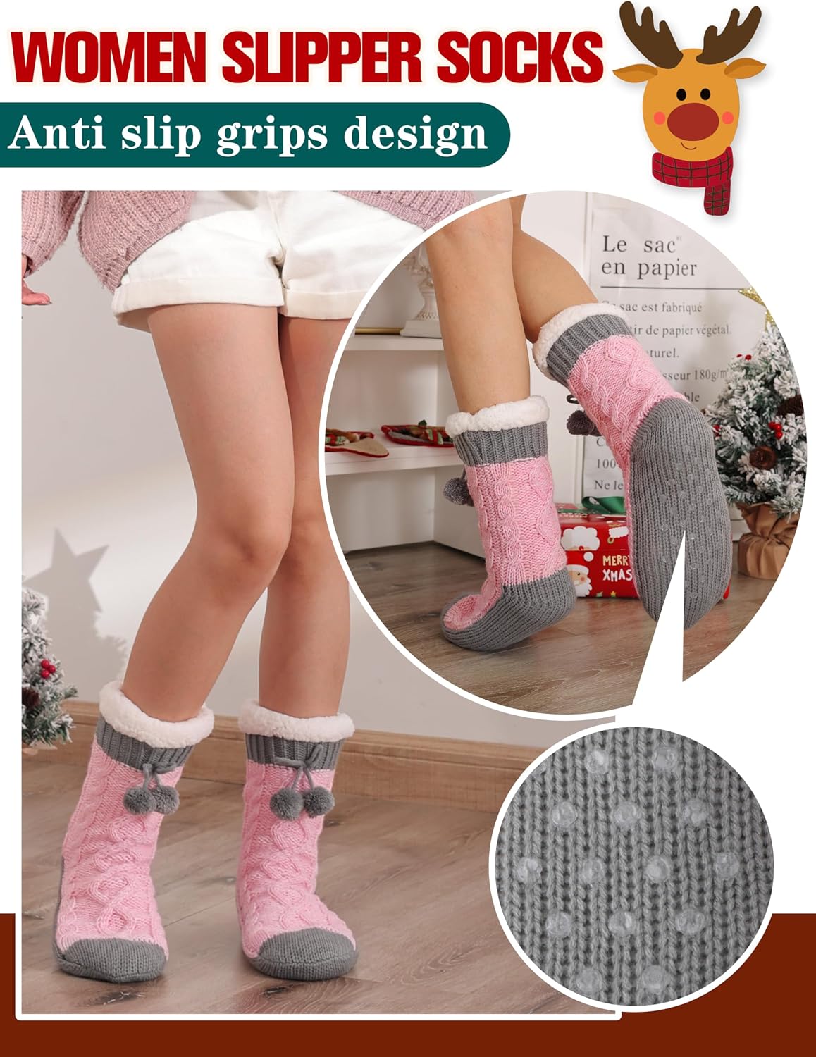 Welwoos Womens Slipper Fuzzy Grips Socks Fluffy Winter Warm Thick Thermal Cozy Plush Non Slip Cabin Soft Fleece Socks