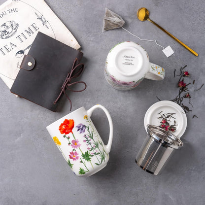 AmorArc Porcelain Tea Mug with Infuser and Lids, 18 Oz Large Cup Strainer with Bag Holder for Loose Leaf Tea, Steeping Coffee Mug for House-warming Wedding Birthday Gift