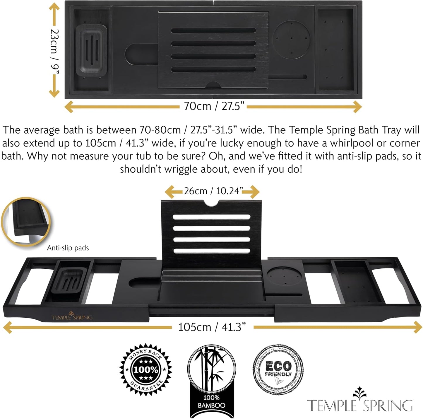 Temple Spring Bamboo Bathtub Tray Caddy for Tub — Expandable Wood Bath Tray with Solid Book Stand Wine Holder and Non-Slip Pads — Includes Bamboo Soap Dish and Spa Accessories — Luxury Bath Gift Set