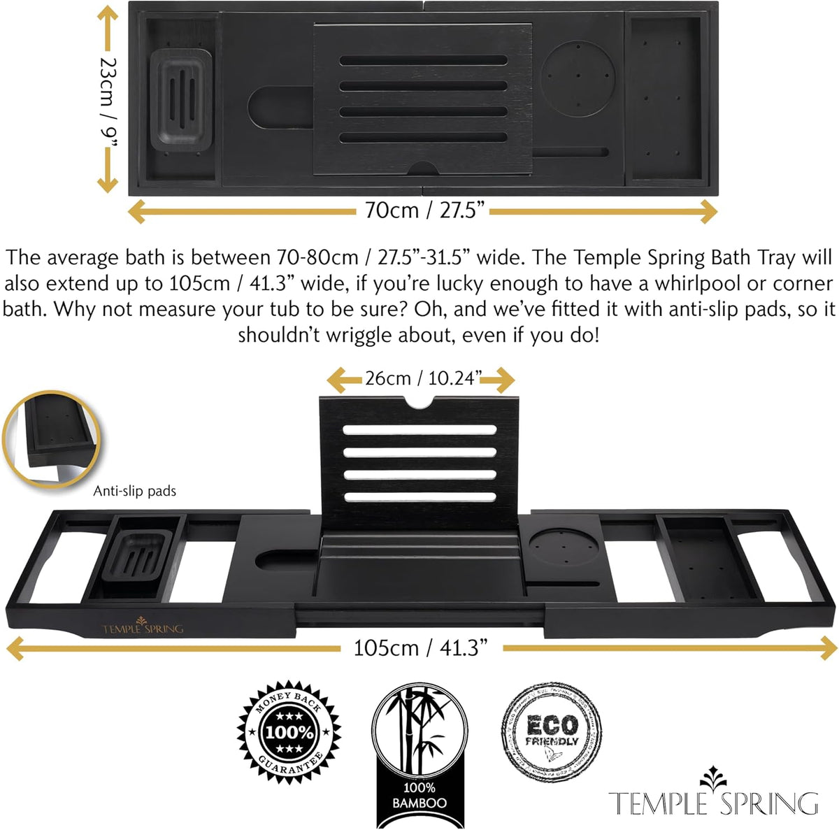 Temple Spring Bamboo Bathtub Tray Caddy for Tub — Expandable Wood Bath Tray with Solid Book Stand Wine Holder and Non-Slip Pads — Includes Bamboo Soap Dish and Spa Accessories — Luxury Bath Gift Set