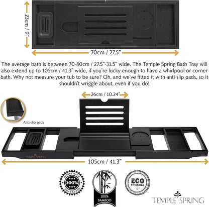 Temple Spring Bamboo Bathtub Tray Caddy for Tub — Expandable Wood Bath Tray with Solid Book Stand Wine Holder and Non-Slip Pads — Includes Bamboo Soap Dish and Spa Accessories — Luxury Bath Gift Set