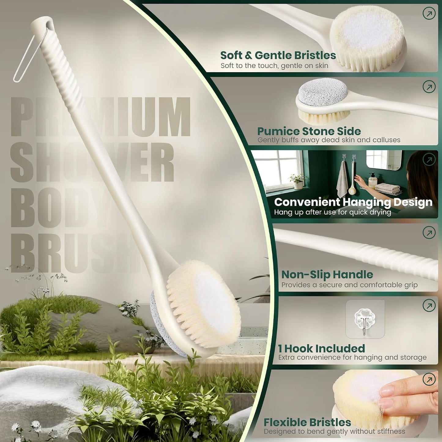 Back Scrubber for Shower, 15.7" Loofah with Handle, Back Shower Brush with Bristles and Loofah, Dry Brushing Body Brush for Cleanse Back and Hard to Reach Areas with Curved Long Handle