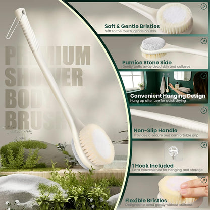 Back Scrubber for Shower, 15.7" Loofah with Handle, Back Shower Brush with Bristles and Loofah, Dry Brushing Body Brush for Cleanse Back and Hard to Reach Areas with Curved Long Handle