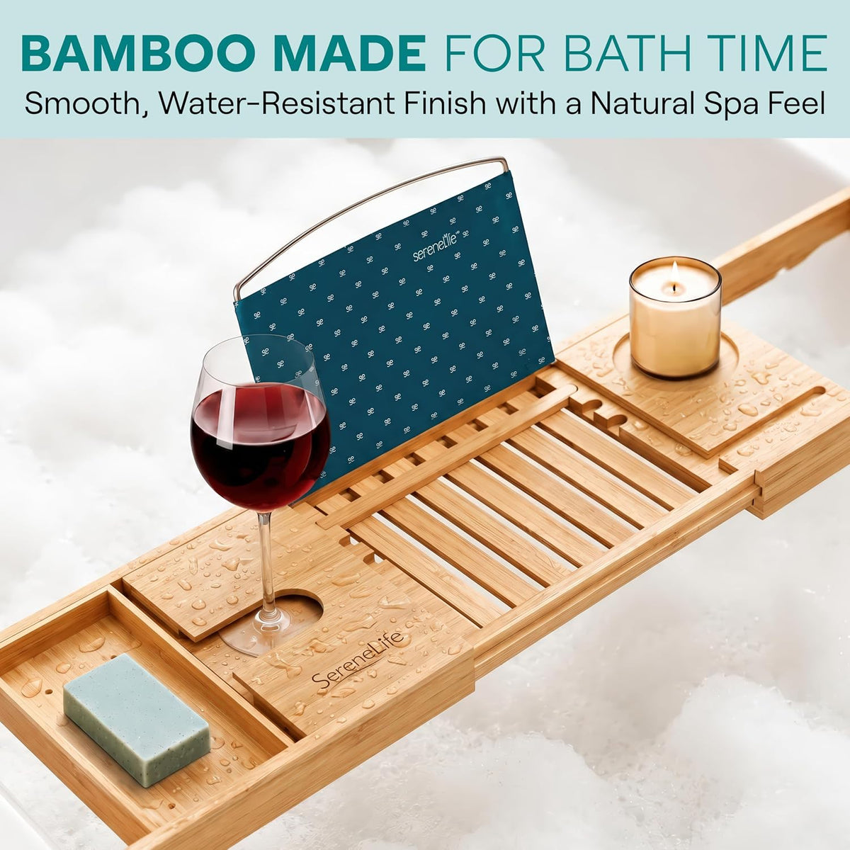 SereneLife 2 in 1 Bed and Bath Tray - Foldable Bamboo Bathtub Caddy with Adjustable Length, Non-Slip, Device Holder, Wine Glass Slot, Expandable for Comfortable Bathing, Natural, Folding Set
