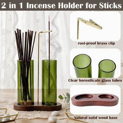 2 in 1 Anti-Ash Incense Holder for Sticks, Upside Down Hanging Incense Burner with Removable Glass Ash Catcher and Wooden Base, Modern Vertical Zen Decor for Home Office Yoga Meditation Room（Clear）