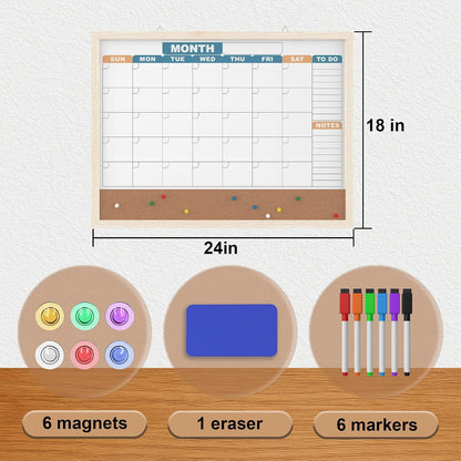 Monthly Calendar Dry Erase Board 16x12 Inch, Double-Sided Whiteboard and Corkboard Combo, Wall Mounted Planner Organizer with Markers, Magnets, Push Pins, Eraser, for Home Office School