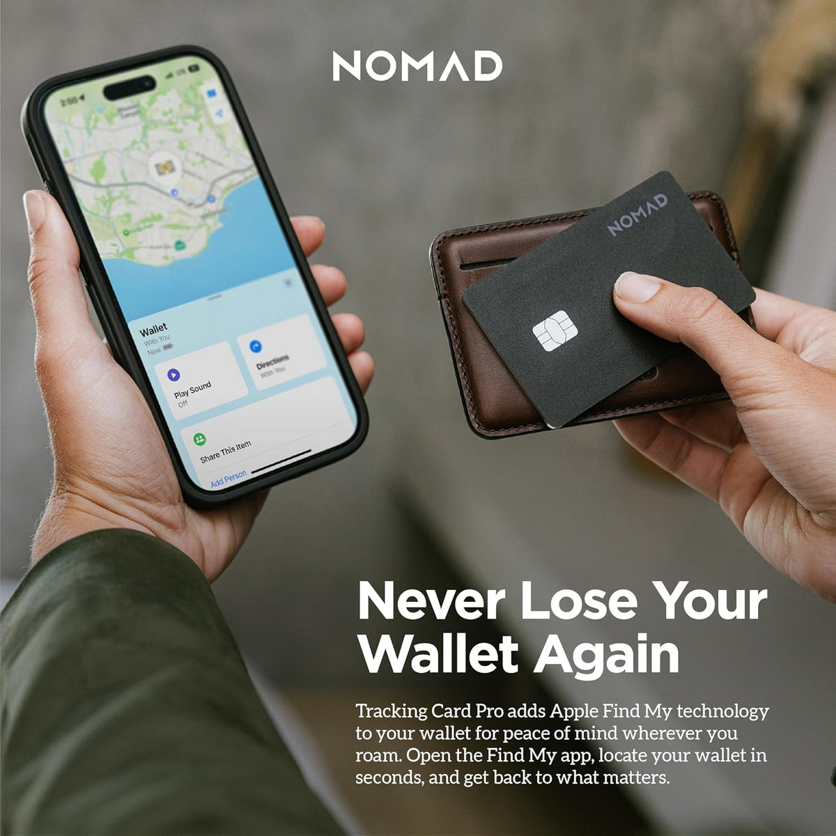 Nomad Tracking Card Carbide, Slim Card Tracker with IPX7 Waterproof and Dust Proof Card Tracker for Wallet & Luggage, 5 Months GPS Tracker Long Battery Life, Rechargeable, Compatible with iOS Only