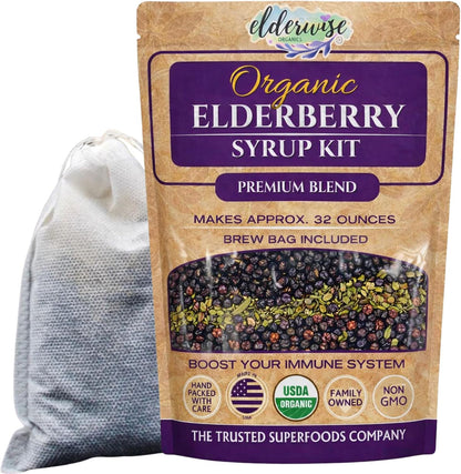 Elderwise DIY Organic Elderberry Syrup Kit for Immune Support, Makes 32 oz, Easy Pre-Measured Elderberry Syrup Kit With Rosehips, Ginger, Echinacea, Warm Spices, Brew Bag included for At-Home Preparation