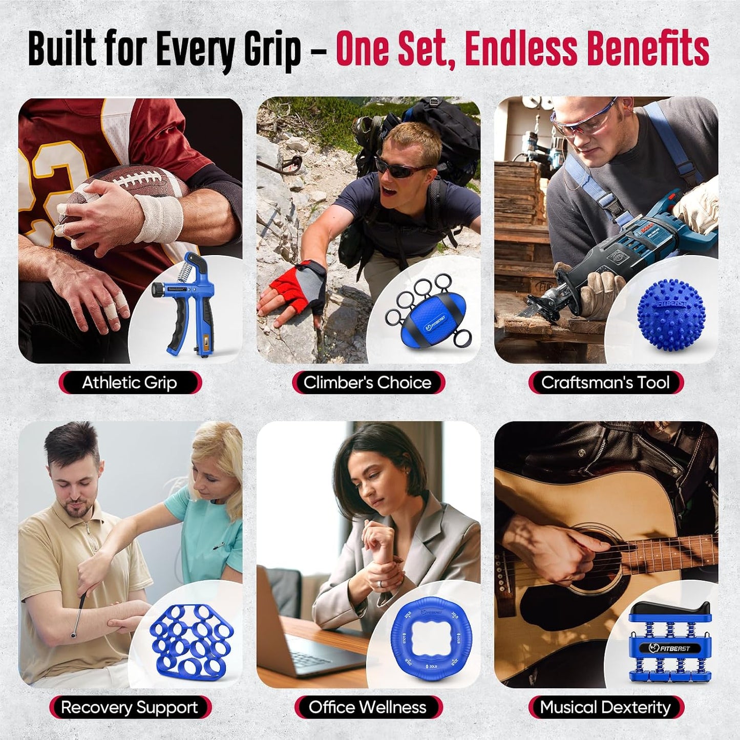 FitBeast Grip Strength Trainer, Hand Gripper Strengthener Kit - 6 Pack with Adjustable Resistance Forearm Strengthener, Forearm Exerciser and Massage Balls for Hand Therapy, Grip Training
