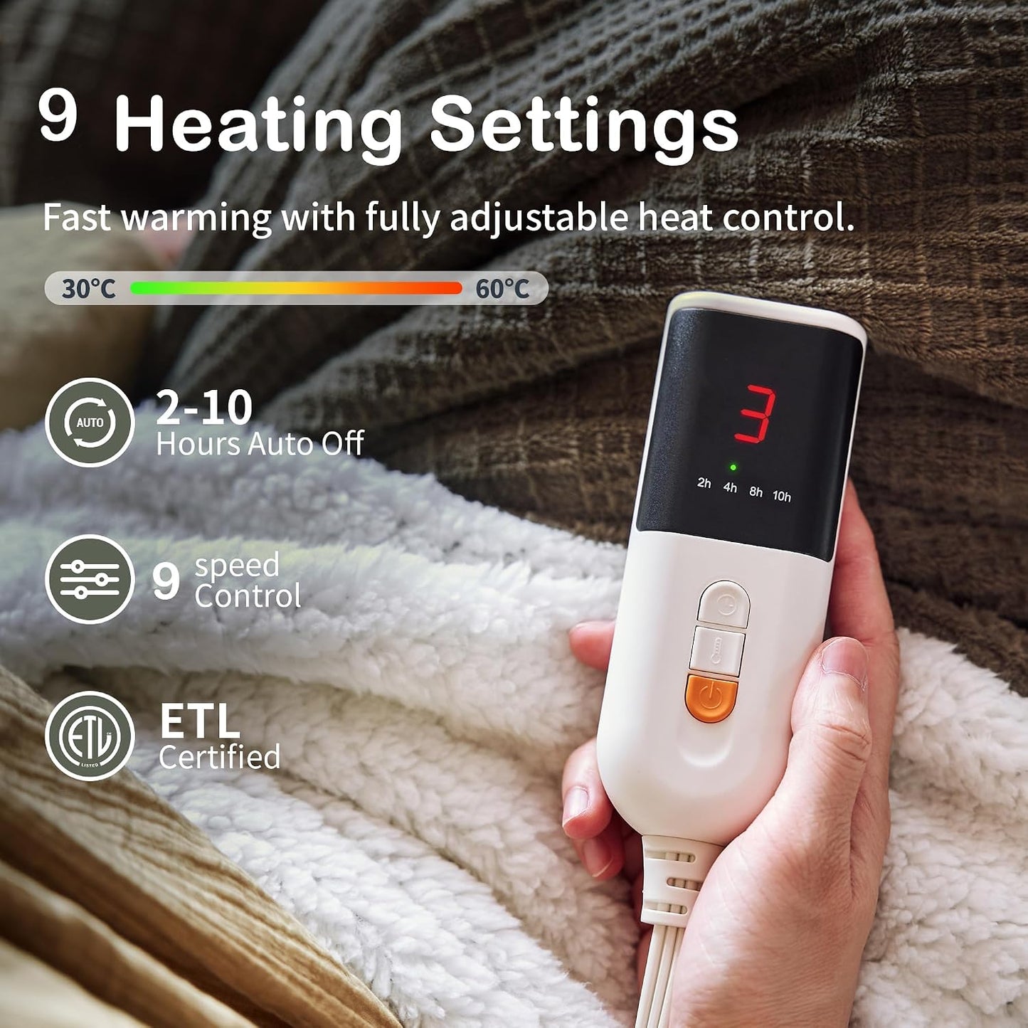 Texciting Heated Blanket Electric Blanket Throw 50''X60''-Heating Throw with 9 Heat Settings-2-10 Hours Auto Off,ETL Certified,Machine Washable (Green)