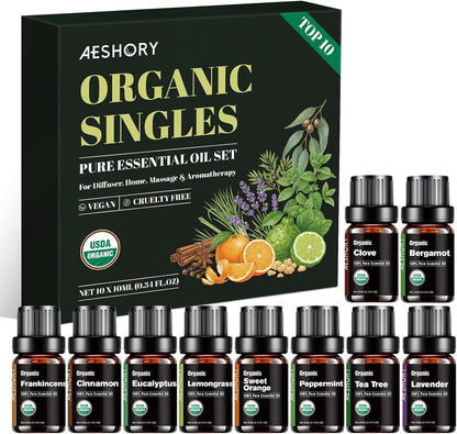 Organic Essential Oils Gift Set, Top 10x10ML-100% Pure Natural Aromatherapy for Diffusers, Humidifiers, Candle Making, Peppermint, Tea Tree, Lavender, Frankincense, Lemongrass, Eucalyptus & More
