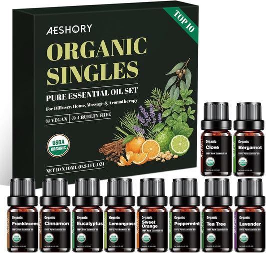 Organic Essential Oils Gift Set, Top 10x10ML-100% Pure Natural Aromatherapy for Diffusers, Humidifiers, Candle Making, Peppermint, Tea Tree, Lavender, Frankincense, Lemongrass, Eucalyptus & More