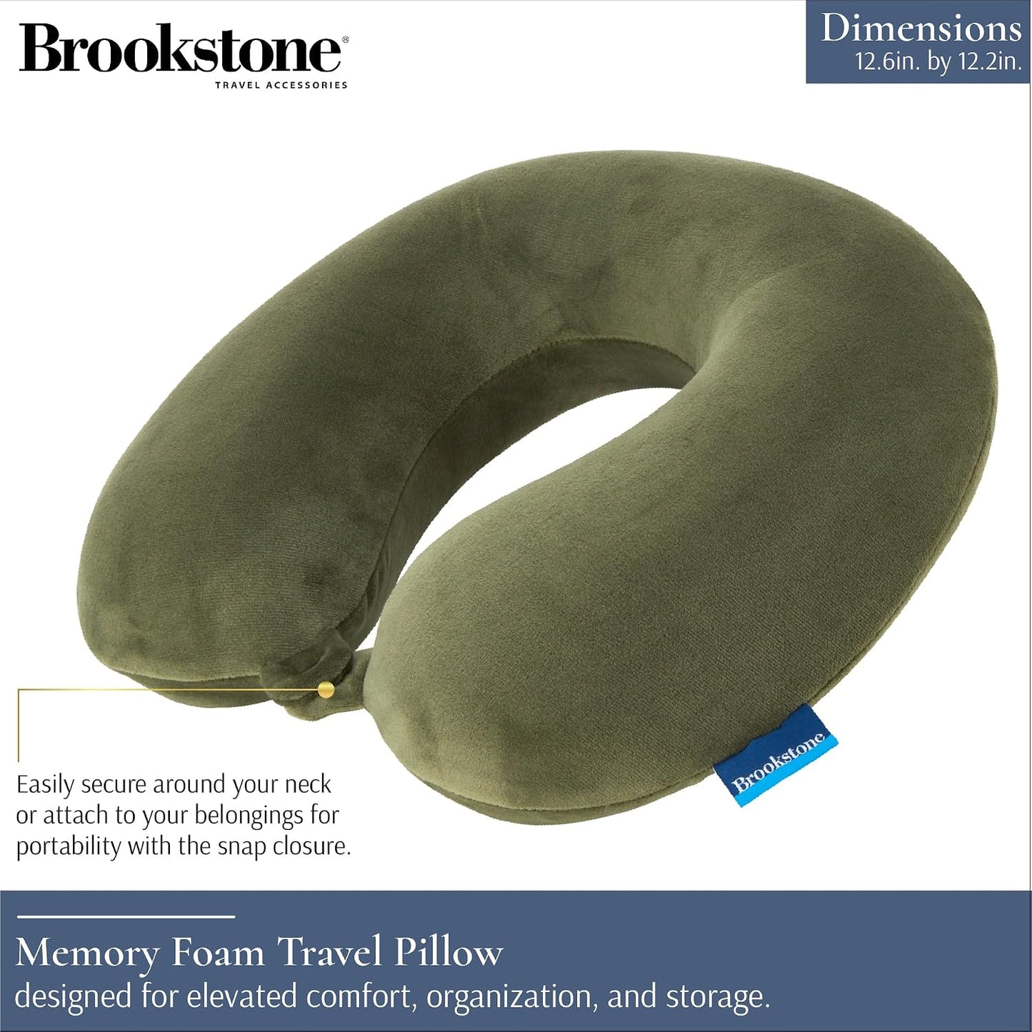 Brookstone Travel Neck Pillow - Lightweight U-Shaped Memory Foam Travel Pillow for Airplane, Car Travels & Sleeping, Blue