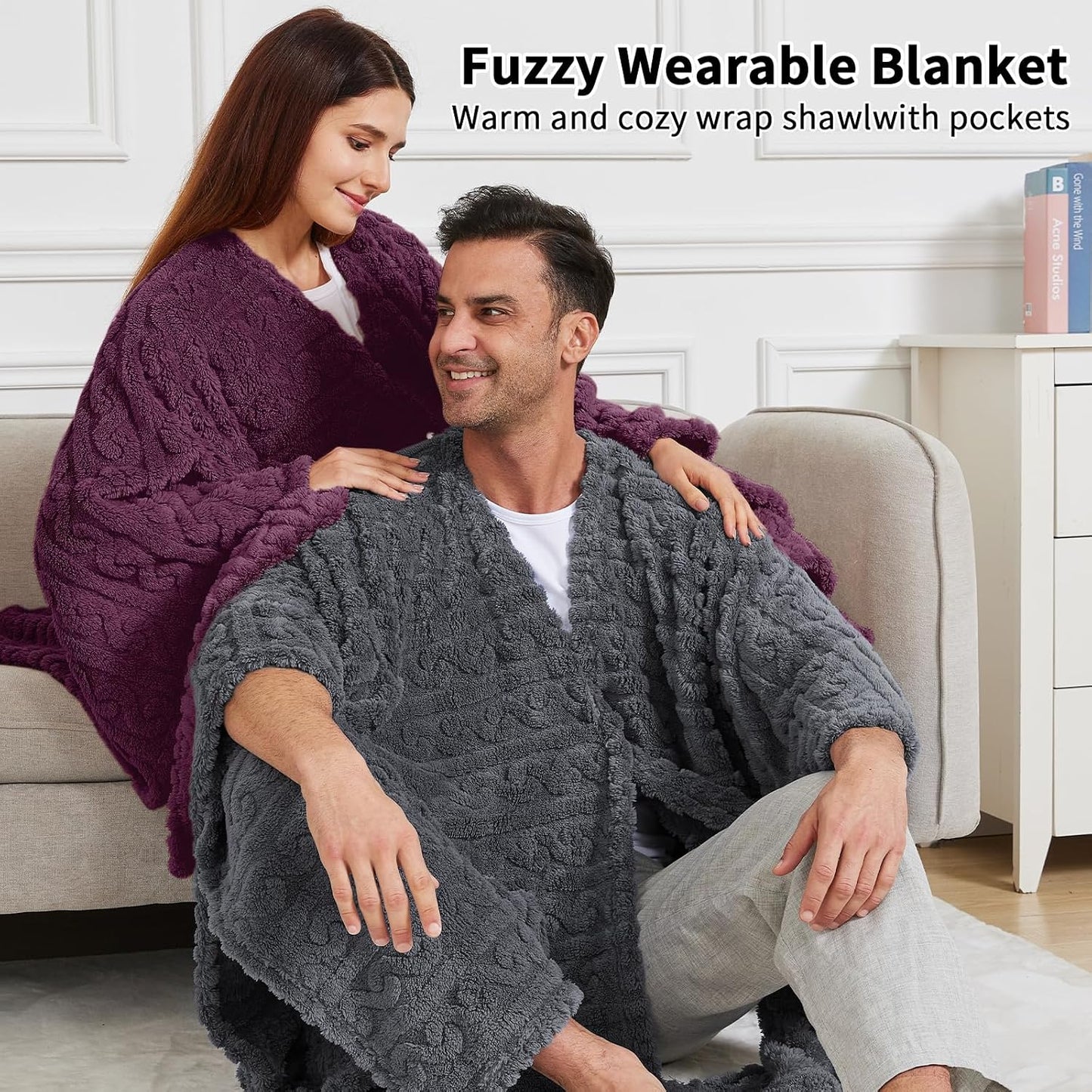 Wearable Blanket Poncho Cape Wrap for Adult, Cozy Sherpa Fleece Pocketed Shawl TV Throw Blankets for Office and Lounge(Purple,58'' x 64'')