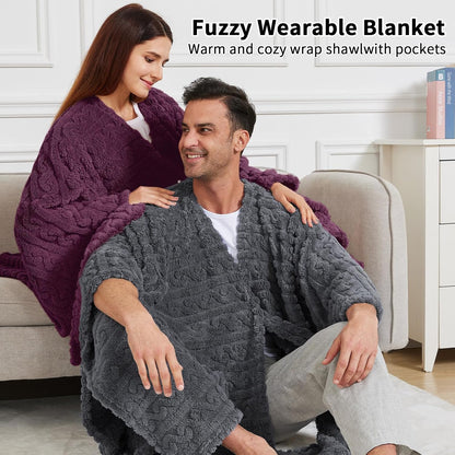 Wearable Blanket Poncho Cape Wrap for Adult, Cozy Sherpa Fleece Pocketed Shawl TV Throw Blankets for Office and Lounge(Purple,58'' x 64'')