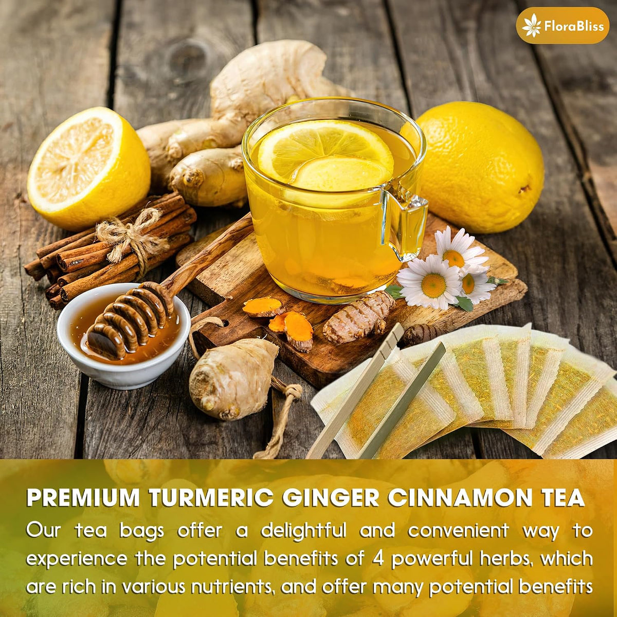 FloraBliss 50 Bags Turmeric, Ginger, and Cinnamon Tea. Added Chamomile