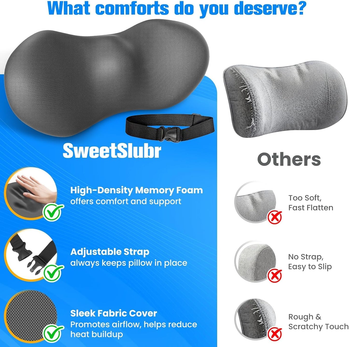 SweetSlubr Lumbar Support Pillow for Office Chair - Memory Foam Lumbar Pillow with Detachable Strap & Breathable Cover, Ergonomic Back Support for Office Chair, Car Seat Cushion, Bed Rest (Black)