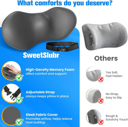 SweetSlubr Lumbar Support Pillow for Office Chair - Memory Foam Lumbar Pillow with Detachable Strap & Breathable Cover, Ergonomic Back Support for Office Chair, Car Seat Cushion, Bed Rest (Black)