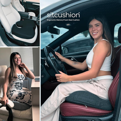 SitCushion Car Seat Cushion for Long Driving – X Large Memory Foam Seat Cushion for Sciatica & Tailbone Pain Relief, Orthopedic Coccyx Cushion with Non-Slip Bottom, Back Pillow for Car, Truck (Black)