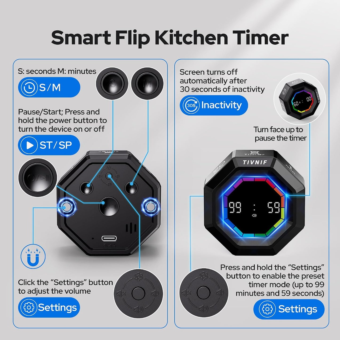 Visual Timer for Kids Kitchen Timer Pomodoro Magnetic Visual Countdown | Smart Gravity Sensing Timer with Large Display Loud Alarm for Study Cooking Classroom Homework Time Management