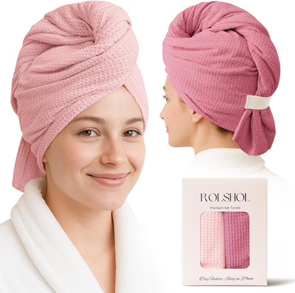 ROLSHOL 2 Pack Microfiber Hair Towel Wrap for Women, 32" x 11" Waffle Weave Hair Plopping Towel for Curly, Long & Thick Hair, Anti-Frizz Hair Turbans for Wet Hair (Pink, Grey)
